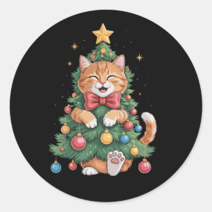 Sinaas Oranje Kat Kerstboom Cute Kerstmis  Ronde Sticker
