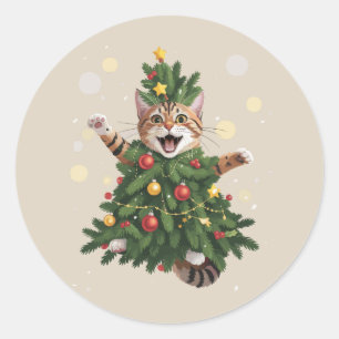 Sinaas Oranje Kat Kerstboom Cute Kerstmis  Ronde Sticker