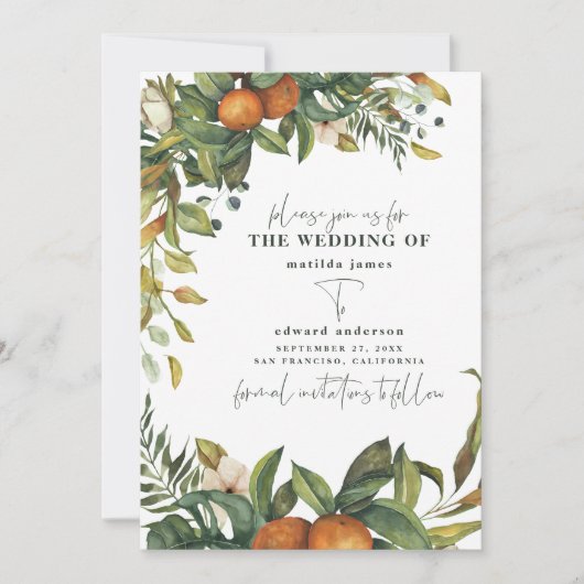 Sinaasachtige citrus waterverf botanische bruiloft save the date (Voorkant)