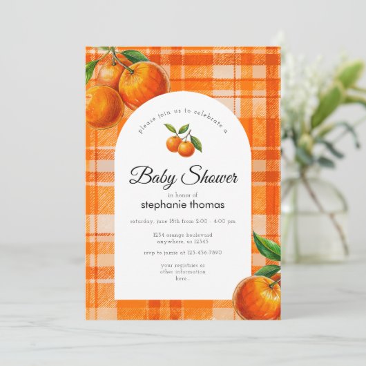 Sinaasappel 3D Citrus Plaid Handgetrokken Baby sho Kaart (Staand voorkant)