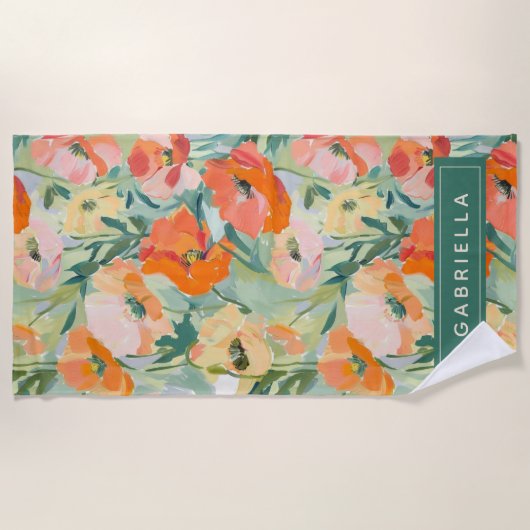 Sinaasappel Abstract Poppy Floral gepersonaliseerd Strandlaken (Voorkant)