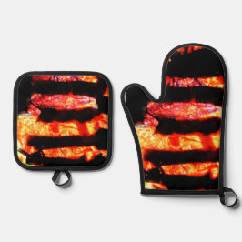 Sinaasappel abstracte pothouder en ovenhandschoen, ovenwant & pannenlap set