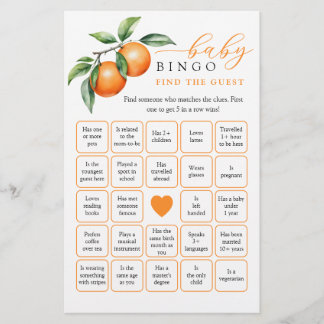 Sinaasappel Baby Shower Vind de gast Bingo spel