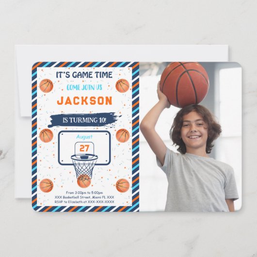 Sinaasappel Basketbal Verjaardagsfoto Uitnodiging (Voorkant)