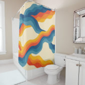 Sinaasappel Blauw Abstract Retro Wavy Stripe Bold  Douchegordijn (In situ)