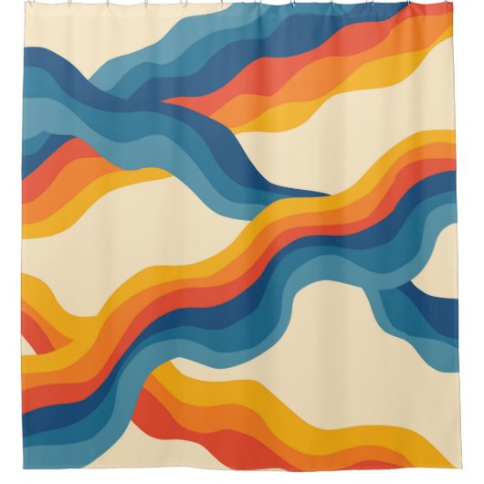Sinaasappel Blauw Abstract Retro Wavy Stripe Bold  Douchegordijn (Voorkant)