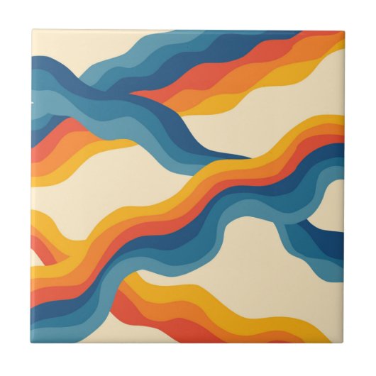 Sinaasappel Blauw Abstract Retro Wavy Stripe Bold Tegeltje (Voorkant)