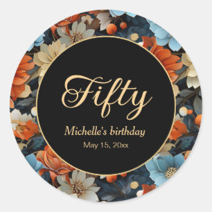 Sinaasappel Blauw Bloemen Zwart 50ste Verjaardag E Ronde Sticker