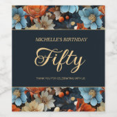 Sinaasappel Blauw Bloemen Zwart 50ste Verjaardag Wijn Etiket (Enkel label)