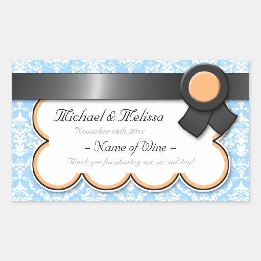 Sinaasappel & Blauw Damask Wedding Wijnfles Labels (Voorkant)