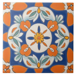 Sinaasappel & Blauw Geometrische Bloemen Mediterra Tegeltje