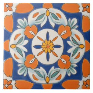 Sinaasappel & Blauw Geometrische Bloemen Mediterra Tegeltje