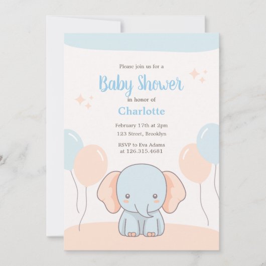 Sinaasappel Blauw Pastel Eenvoudig Olifant Baby sh Kaart (Voorkant)