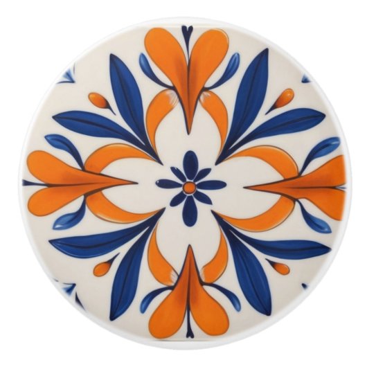 Sinaasappel & Blauw Symmetrisch Abstract Mediterra Keramische Knop (Voorkant)