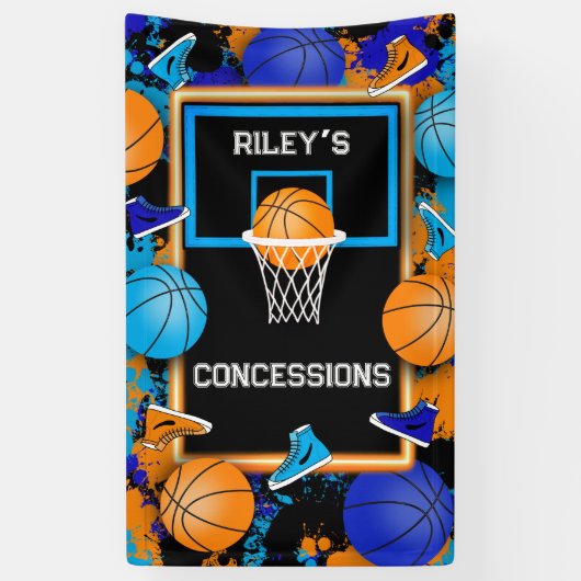 Sinaasappel & Blauwe Basketbalverf Splatter Verjaa Spandoek (Verticaal)