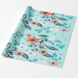 Sinaasappel Blauwe Bloemige Inpakpapier