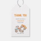 Sinaasappel Blauwe Monstertrucks Verjaardagscadeau Cadeaulabel (Voorkant)