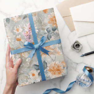 Sinaasappel Blauwe Witte Bloemen Verjaardag Cadeaupapier