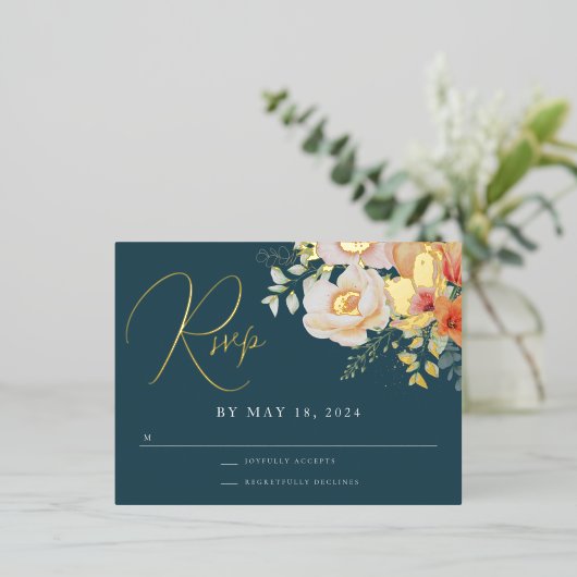 Sinaasappel Blauwgroen Blauw Lente Peach Bloemen B Folie Feestdagen Briefkaart (Staand Voorkant)