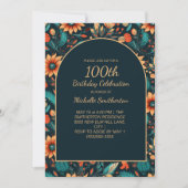 Sinaasappel Blauwgroen Bloemen Zwart 100ste Verjaa Kaart (Voorkant)