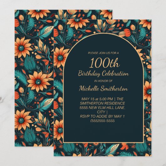 Sinaasappel Blauwgroen Bloemen Zwart 100ste Verjaa Kaart (Voorkant / Achterkant)