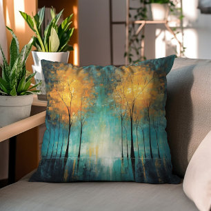 Sinaasappel Blauwgroen bos Waterverf Decoratief Kussen