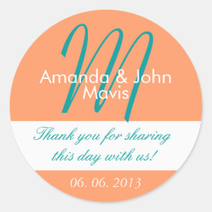 Sinaasappel Blauwgroen eenvoudig Initiaal bruiloft Ronde Sticker