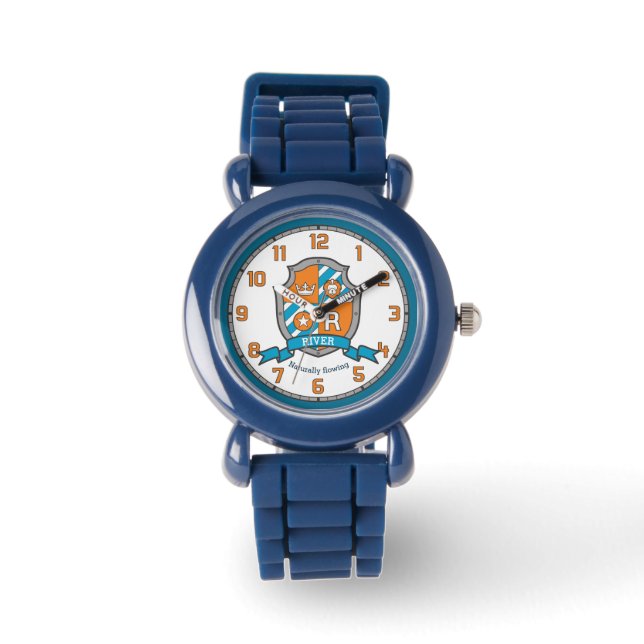 Sinaasappel blauwgroen kinderen voor monogram R Horloge (Voorkant)
