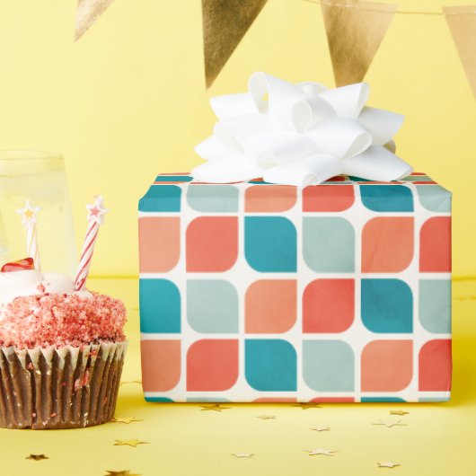 Sinaasappel & Blauwgroen Mid Century Modern Tegel Cadeaupapier (Verjaardagsfeest)