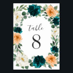 Sinaasappel Blauwgroen Turquoise Blauw Elegant Blo Kaart<br><div class="desc">Sinaasappel Blauwgroen Turquoise Blue Elegant Floral Wedding Table Number Kaarten - beschikken over een elegante eucalyptus en groene krans versierd met ivoor / wit,  sinaasappel en diep blauwgroen / turquoise bloemen. Uitzicht het bijpassende collectie op deze pagina om coördinerende producten te vinden om uw thema te voltooien.</div>