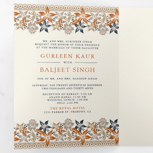 Sinaasappel Bloemen Alles in een Anand Karaj Sikh Drieluik Uitnodiging (Binnenzijde eerst)