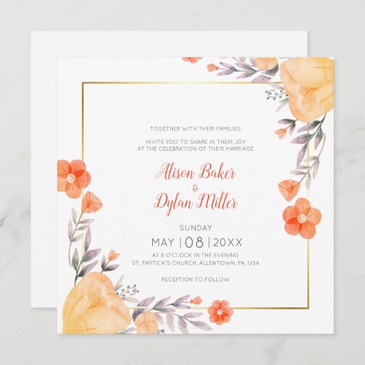 Sinaasappel Bloemen bruiloft uitnodiging Kaart (Voorkant / Achterkant)