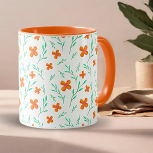 Sinaasappel Bloemen en Takjes Watercolor Patroon Mok