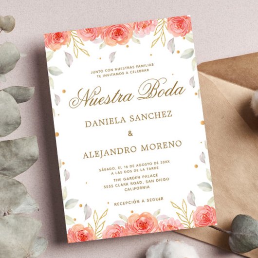 Sinaasappel Bloemen Goud Nuestra Boda Spaans Bruil Kaart