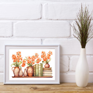 Sinaasappel Bloemen in Vazen met Boeken op Boekenp Poster