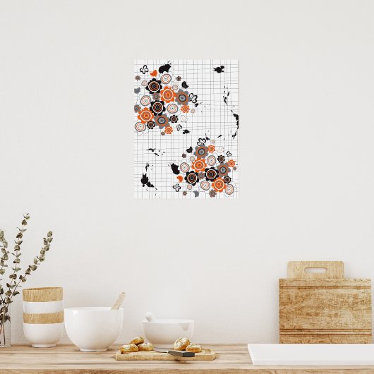 Sinaasappel Bloemen Kuikens Grunge Inkt Vlekken Kr Poster (Keuken)