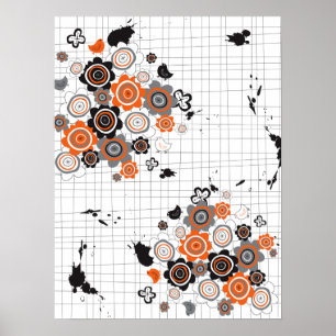 Sinaasappel Bloemen Kuikens Grunge Inktvlekken Doo Poster