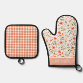 Sinaasappel Bloemen Plaid Waterverf Modern geperso Ovenwant & Pannenlap Set (Voorkant)