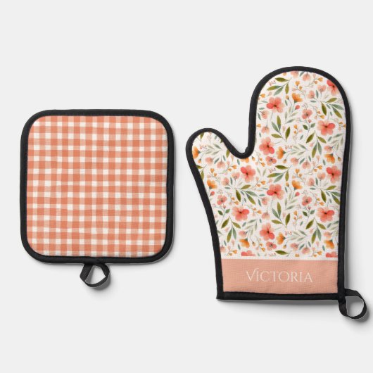 Sinaasappel Bloemen Plaid Waterverf Modern geperso Ovenwant & Pannenlap Set (Voorkant)