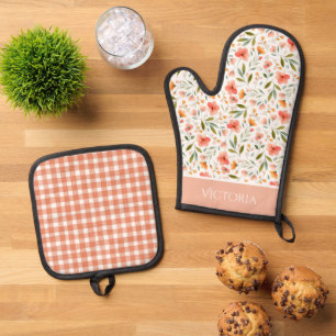 Sinaasappel Bloemen Plaid Waterverf Modern geperso Ovenwant & Pannenlap Set