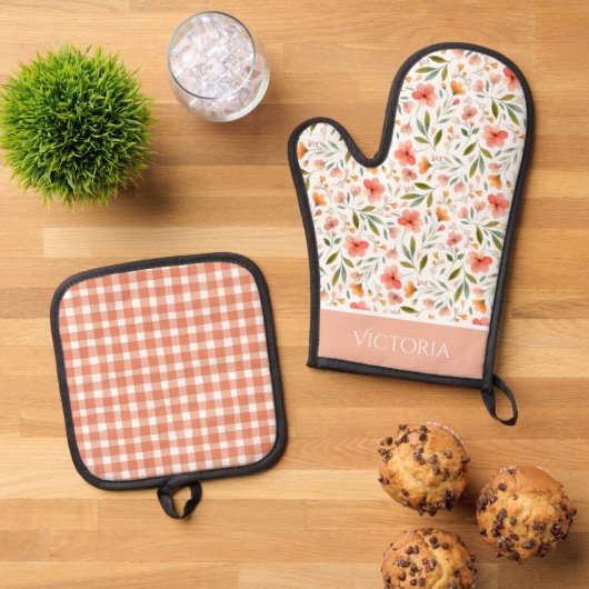 Sinaasappel Bloemen Plaid Waterverf Modern geperso Ovenwant & Pannenlap Set (Top down)