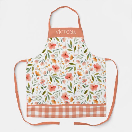 Sinaasappel Bloemen Plaid Waterverf Modern geperso Schort (Voorkant)