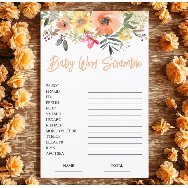 Sinaasappel Bloemen Woord Scramble Baby shower Spe (Creator heeft geüpload)