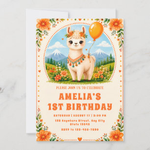 Sinaasappel Bloemige Alpaca Eerste Verjaardagsuitn Kaart