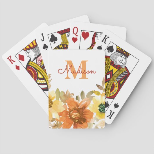 Sinaasappel Bloemige Monogram Naam Cadeau Pokerkaarten (Achterkant)