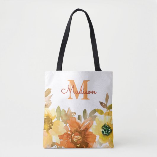 Sinaasappel Bloemige Monogram Naam Cadeau Tote Bag (Voorkant)