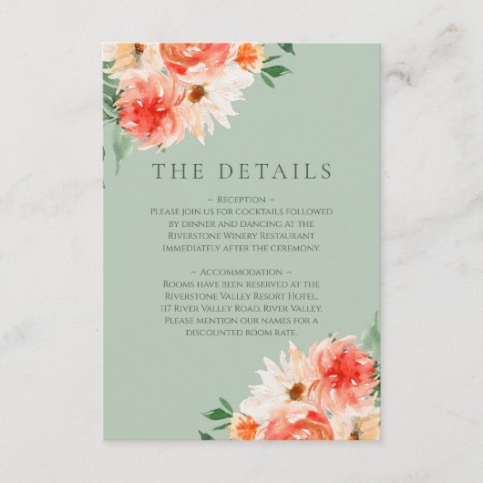 Sinaasappel Blooms op Sage Green Wedding Details Informatiekaartje (Voorkant)