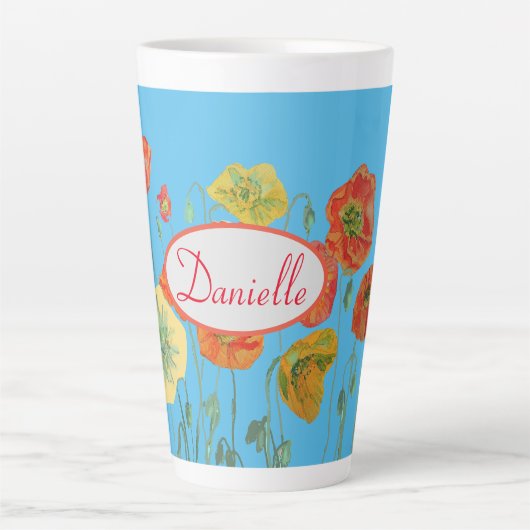 Sinaasappel Blue Shabby Poppy Poppies Waterverf Mo Latte Mok (Voorkant)