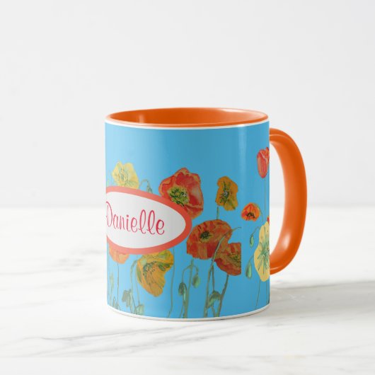 Sinaasappel Blue Shabby Poppy Poppies Waterverf Mo Mok (Voorkant rechts)