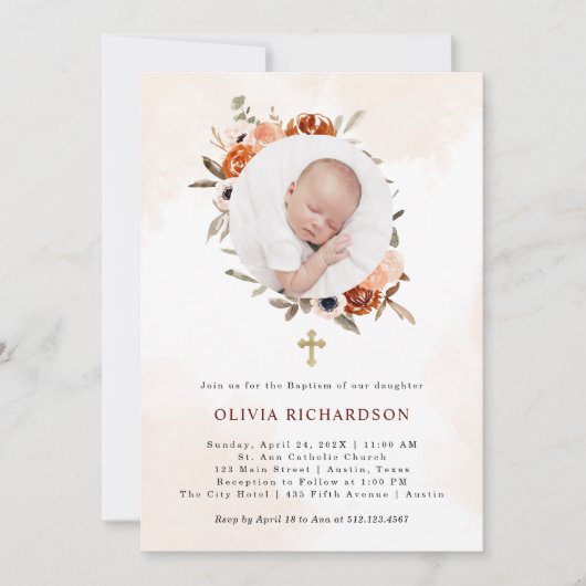 Sinaasappel Boho | Waterverf Baptisme Foto Kaart (Voorkant)